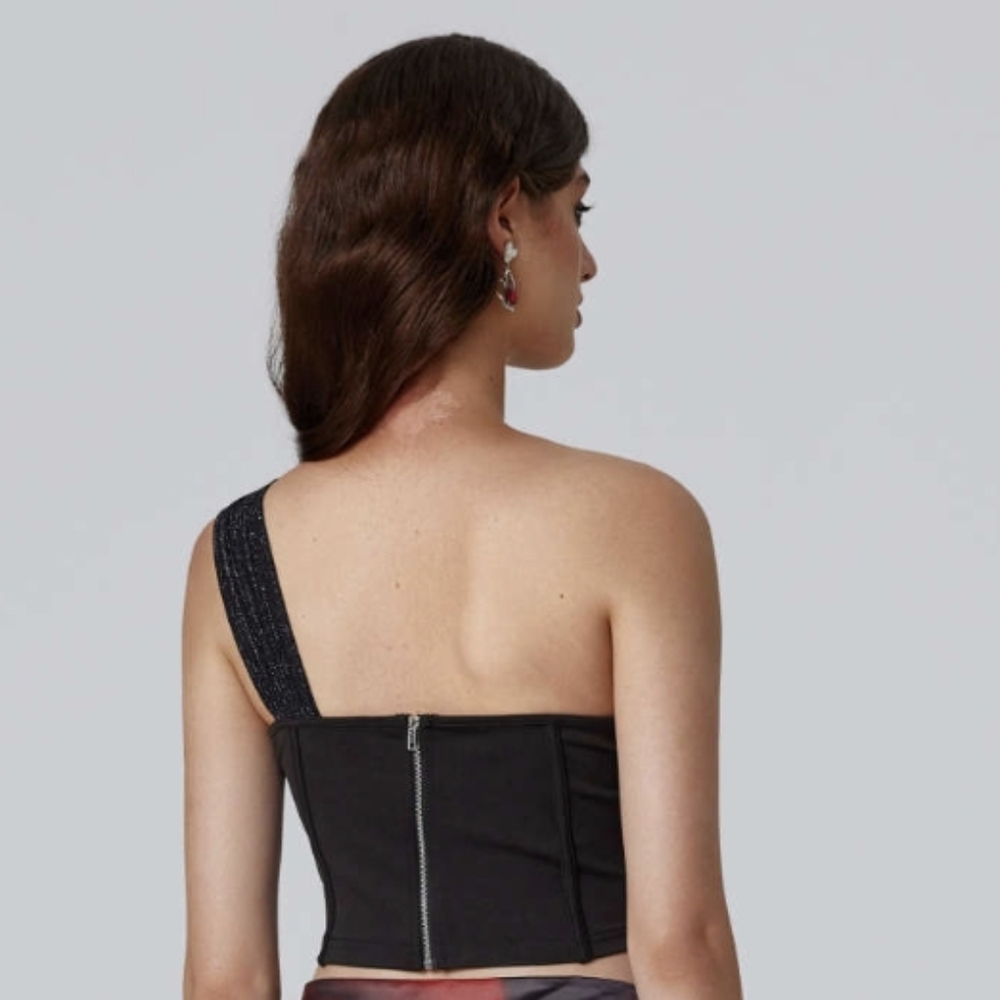 One-Shoulder Black Sparkle Corset Top - Picture 2 of 6